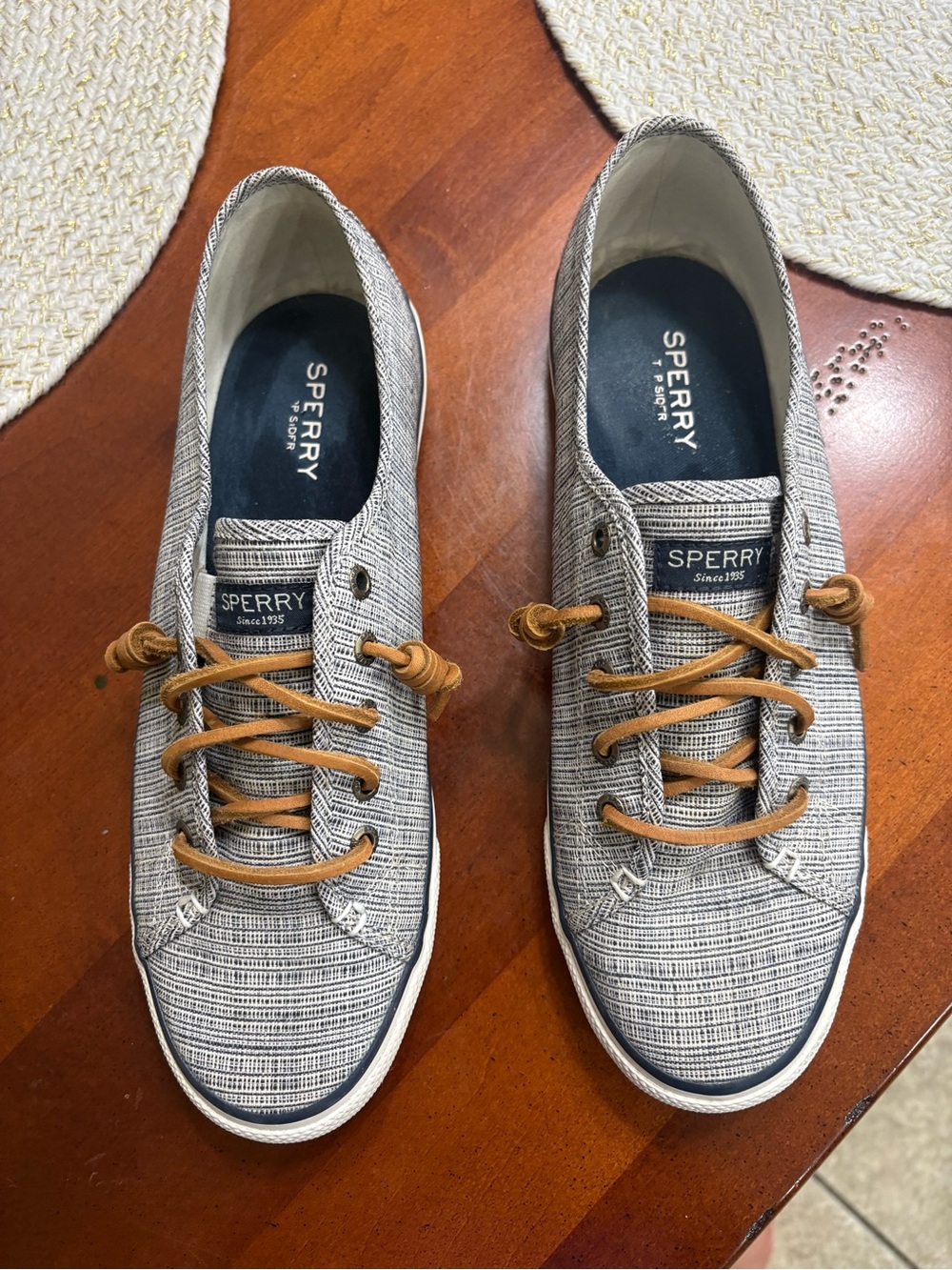 Sperry Gray Knit Boat Shoes with Tan Laces